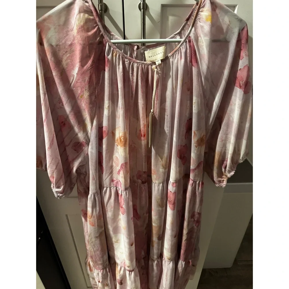 MELLODAY Floral Tiered Midi Dress XL Pink Mauve Boho Sheer Gauze